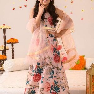 peach printed lehenga with blouse with dupatta (set of 3)