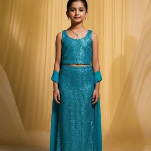girls powder blue sequin net fusion set