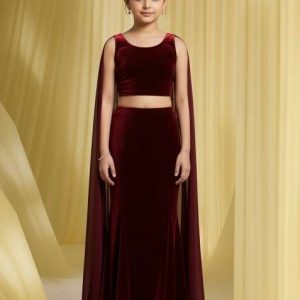 girls maroon self design fusion set