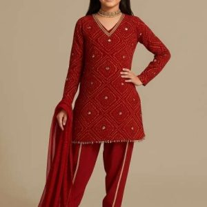 girls red embellished chinon fusion set