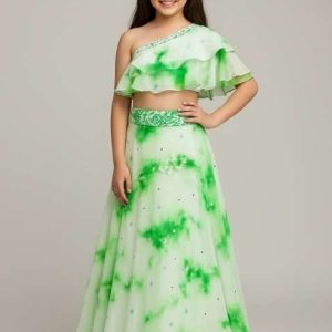 girls green abstract print georgette fusion set