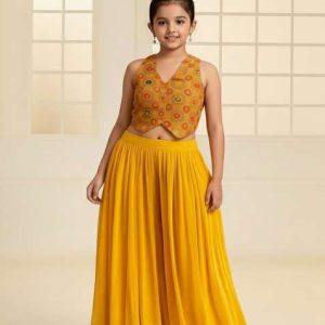 girls mustard embroidered georgette fusion set