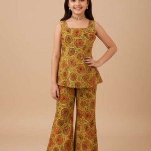 girls yellow floral print dola silk fusion set