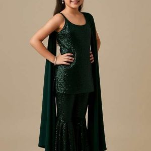 girls green sequin net sharara set