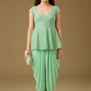 girls pista green embellished georgette fusion set