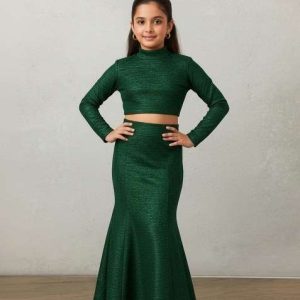 girls bottle green self design fusion set