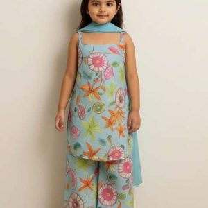 girls blue floral print chinon kurta set