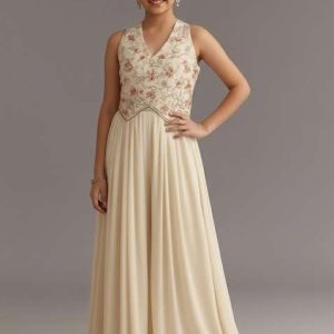 girls cream embroidered georgette fusion set