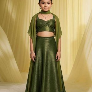 girls green self design fusion set