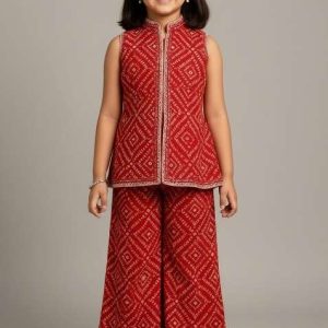 girls red bandhani print crepe kurta set