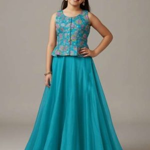 girls sky blue embroidered crepe fusion set
