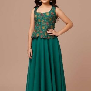 girls teal green embroidered crepe fusion set
