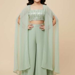 girls sage green embellished georgette fusion set