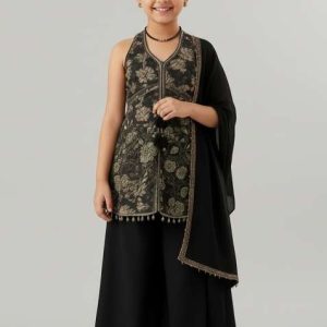 girls black floral print tussar kurta set