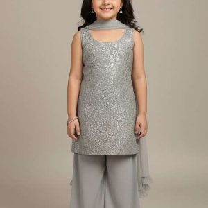 girls grey embellished net sharara set