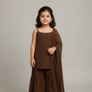 girls golden sequin georgette kurta set