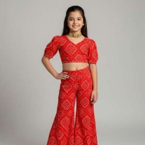 girls tomato red figure print chiffon fusion set