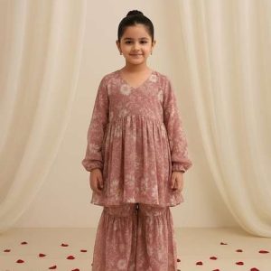 girls purple floral print georgette sharara set