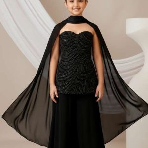 girls black embellished georgette sharara set