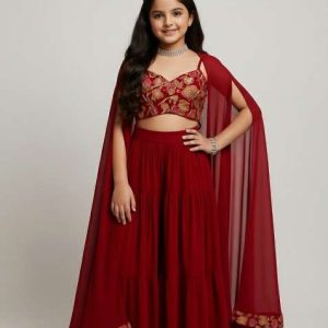 girls maroon embroidered georgette sharara set