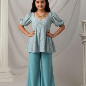 girls sky blue floral print georgette kurta set