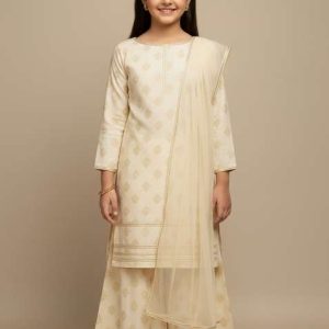 girls white lurex chanderi kurta set