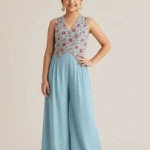 girls sky blue embroidered georgette fusion set