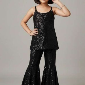 girls black sequin net sharara set