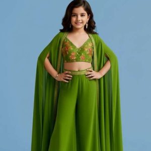 girls parrot green embroidered georgette fusion set