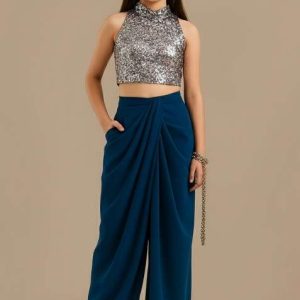 girls blue embroidered crepe fusion set