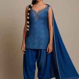girls blue brocade kurta set