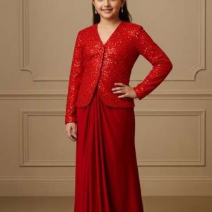 girls red embellished satin fusion set