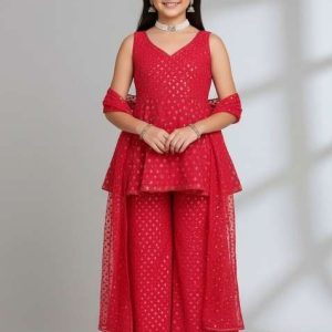 girls pink embroidered georgette kurta set