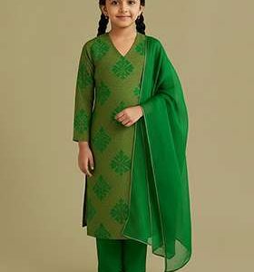 girls light green brocade kurta set