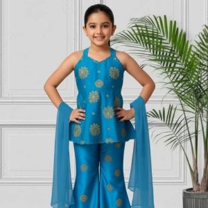 girls bright blue floral print chinon kurta set