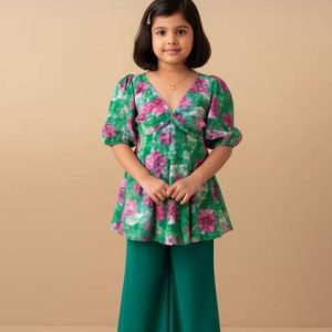girls green ikat print georgette kurta set