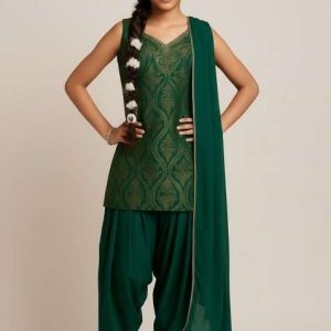 girls green brocade kurta set