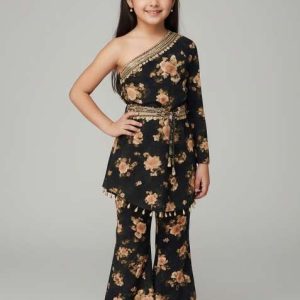 girls black floral print chiffon kurta set