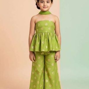 girls green floral print tissue fusion set