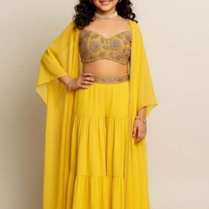 girls yellow embroidered georgette sharara set