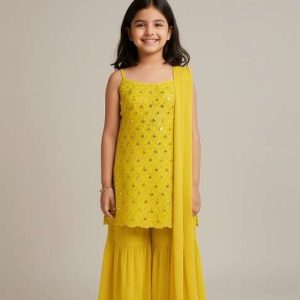 girls yellow embroidered georgette kurta set