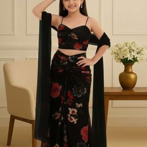 girls brown floral print pleated lurex fusion set