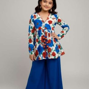 girls royal blue floral print crepe kurta set
