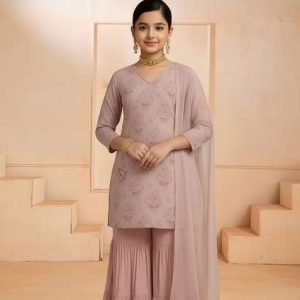 girls pink floral print chiffon kurta set