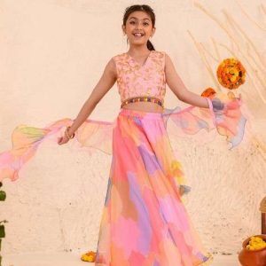 orange embellished lehenga with blouse with dupatta (set of 3)