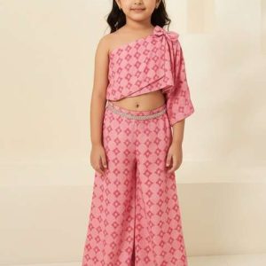 girls pink figure print chiffon fusion set