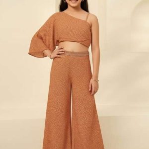girls orange abstract print chiffon fusion set