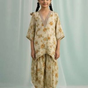 girls beige floral print kurta set