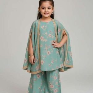 girls teal green floral print kurta set