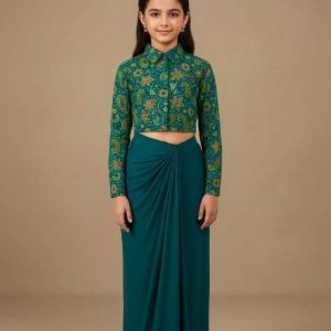 girls teal blue embroidered crepe fusion set